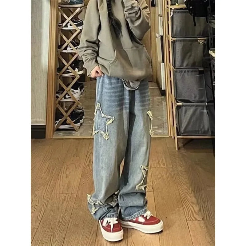 Women's blue straight-leg jeans with high waist and micro elastic denim fabric