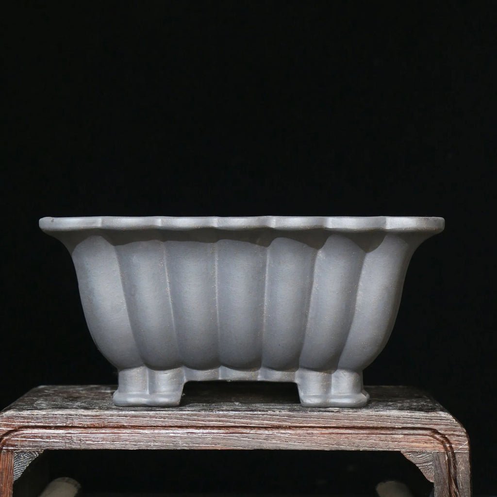 Purple sand ceramic square bonsai pot with classical style and warp device, 37cm inner diameter.