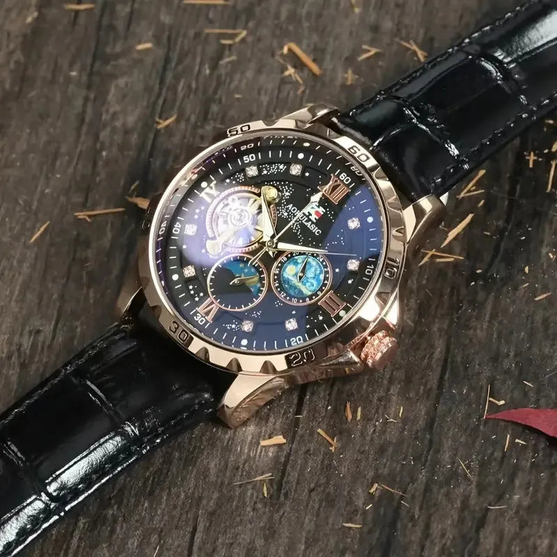 Black automatic mechanical watch with rose gold shell and hollow dial showing movement