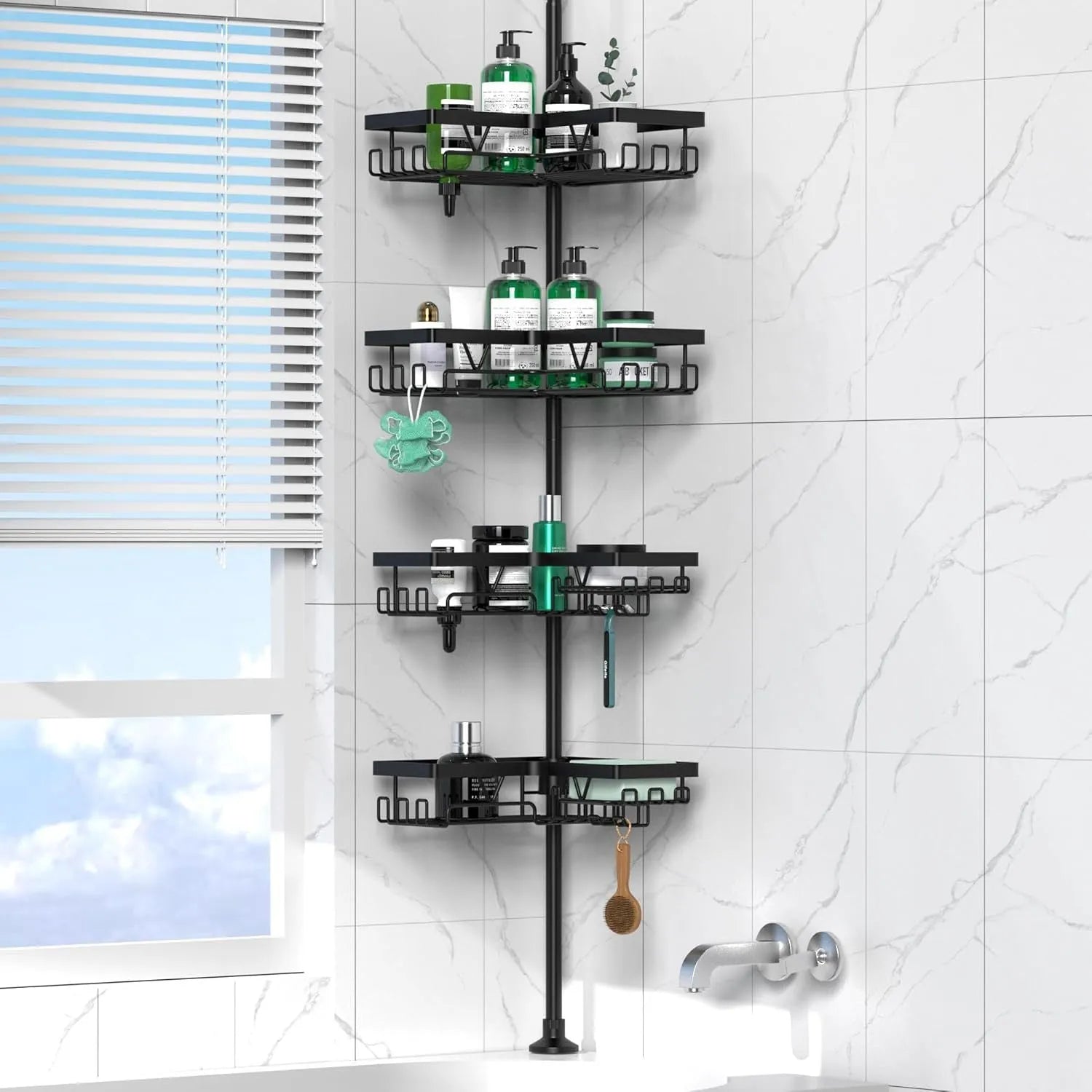Stainless steel retractable bathroom storage rack with four shelves