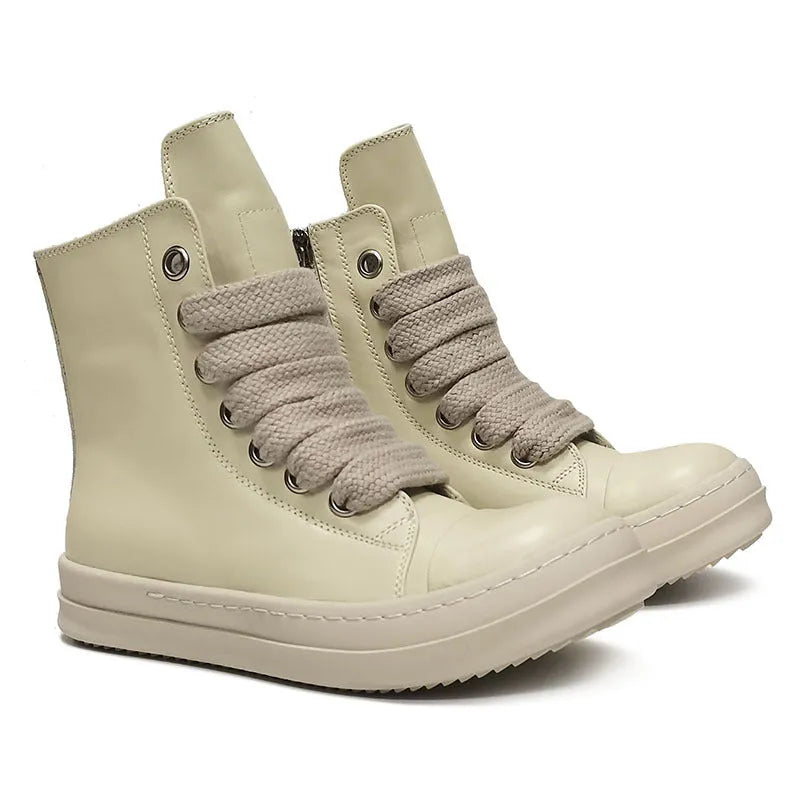 Black high-top leather boots with side zip and platform sole for men and women