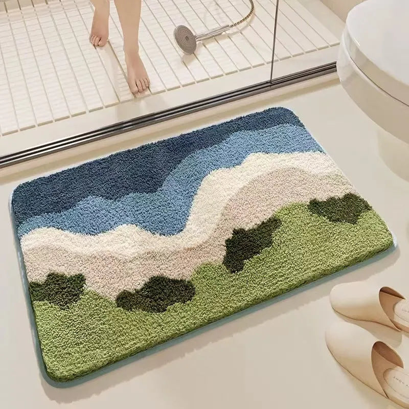 Square polyester fibre floor mat with rainbow pattern, plastic dirt-resistant bottom, in Sky Sea colours