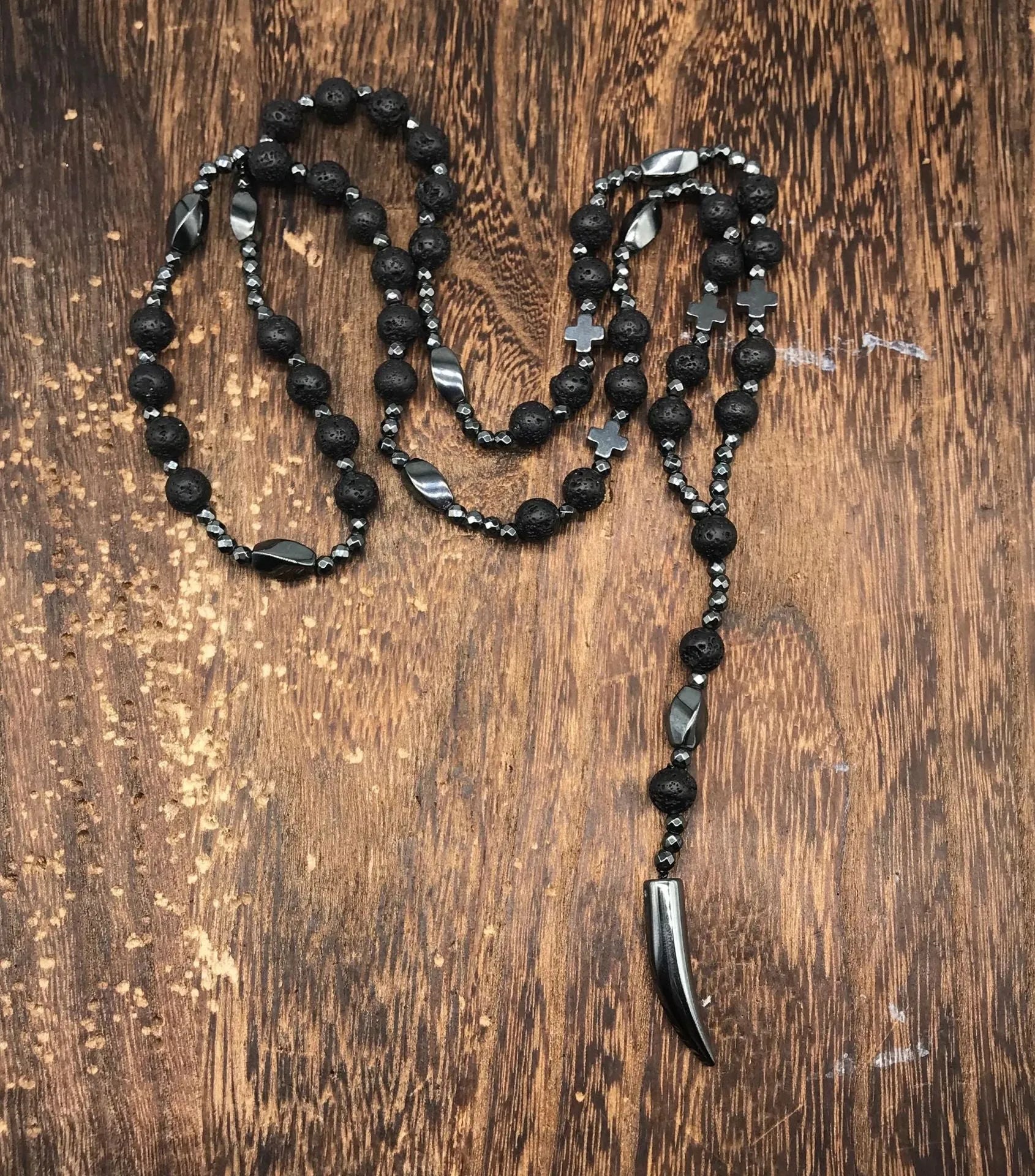 Men's stone cross pendant necklace on ball bead chain with safety lock clasp