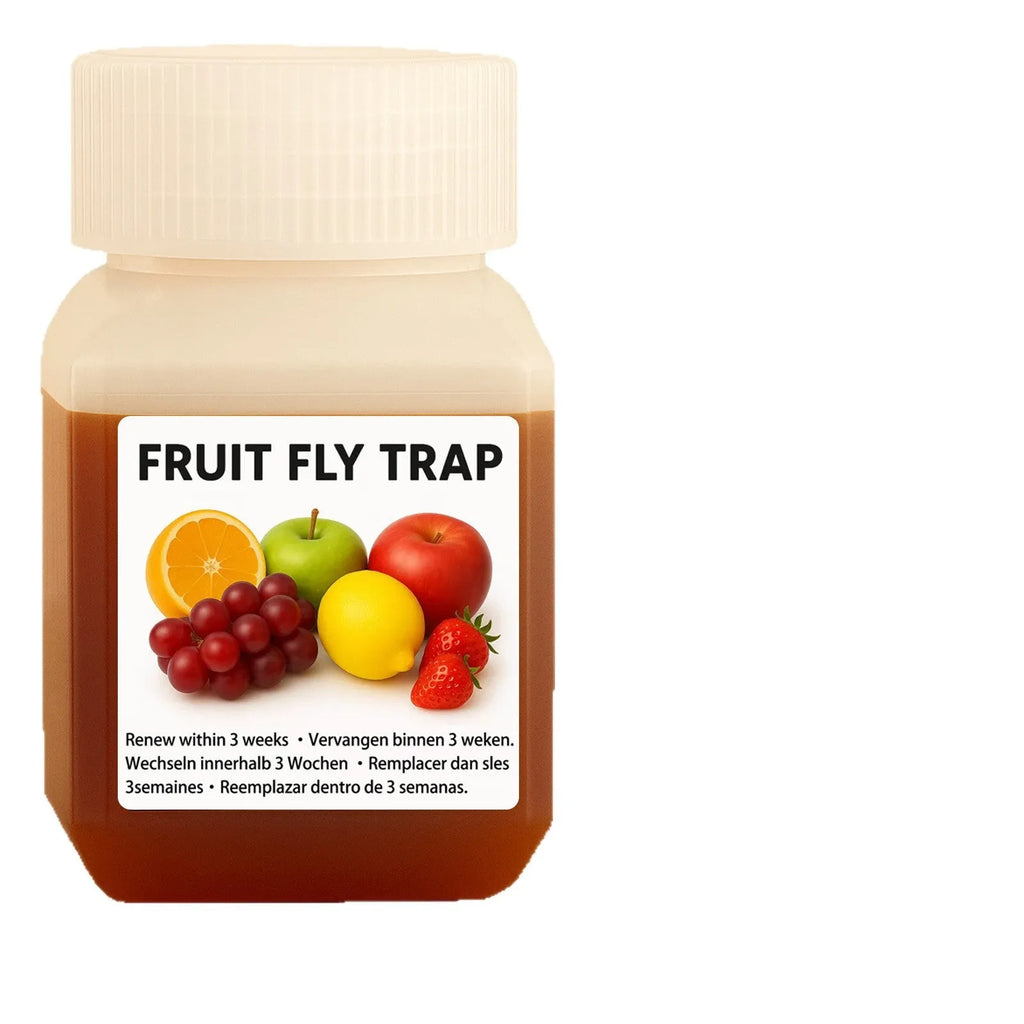 Bottle of fruit fly bait liquid with specification options for indoor pest control