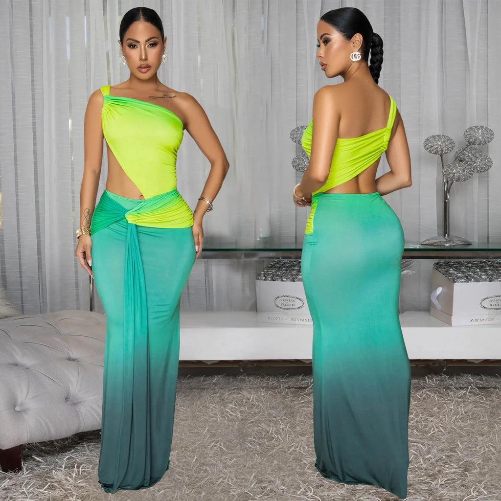 Women's gradient colour cross-shoulder dress with long skirt length in brown, green, or red shades