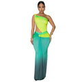 Women's gradient colour cross-shoulder dress with long skirt length in brown, green, or red shades