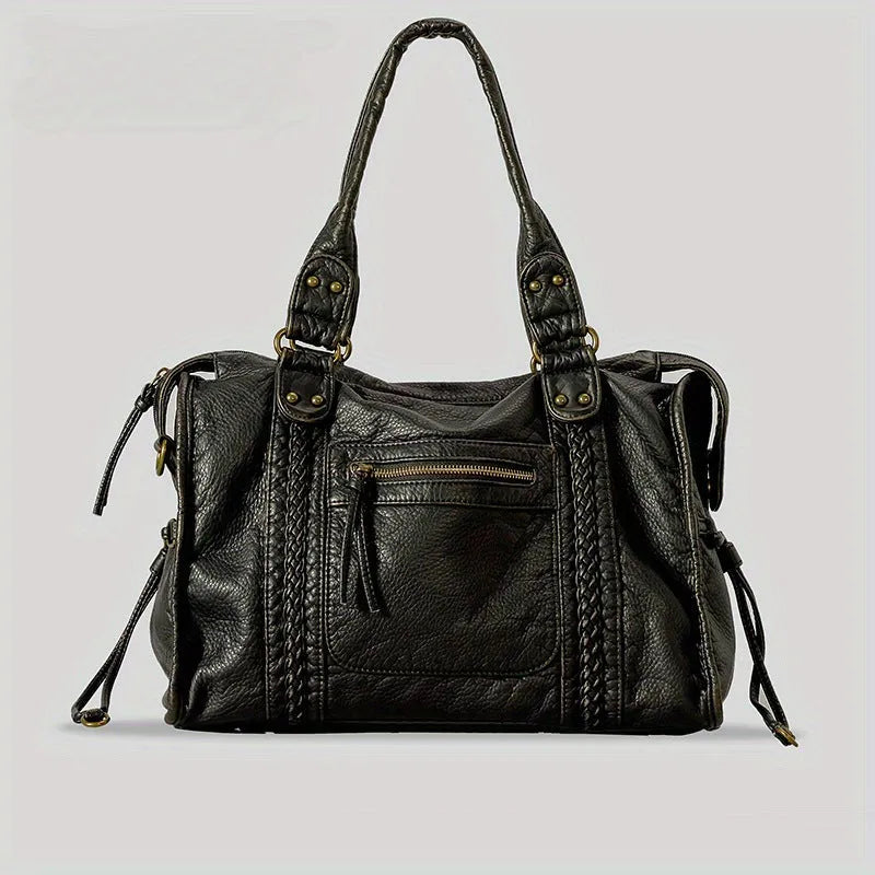 Women's brown retro motorcycle shoulder messenger bag with square shape and woven texture
