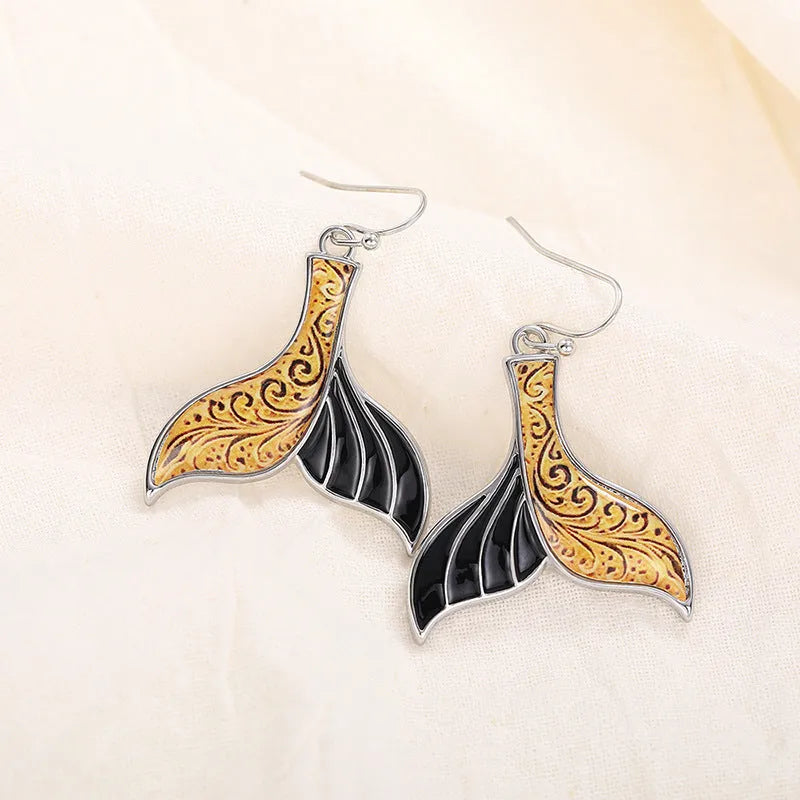 Women's retro-style alloy earrings with personalised fishtail whale design in white gold colour