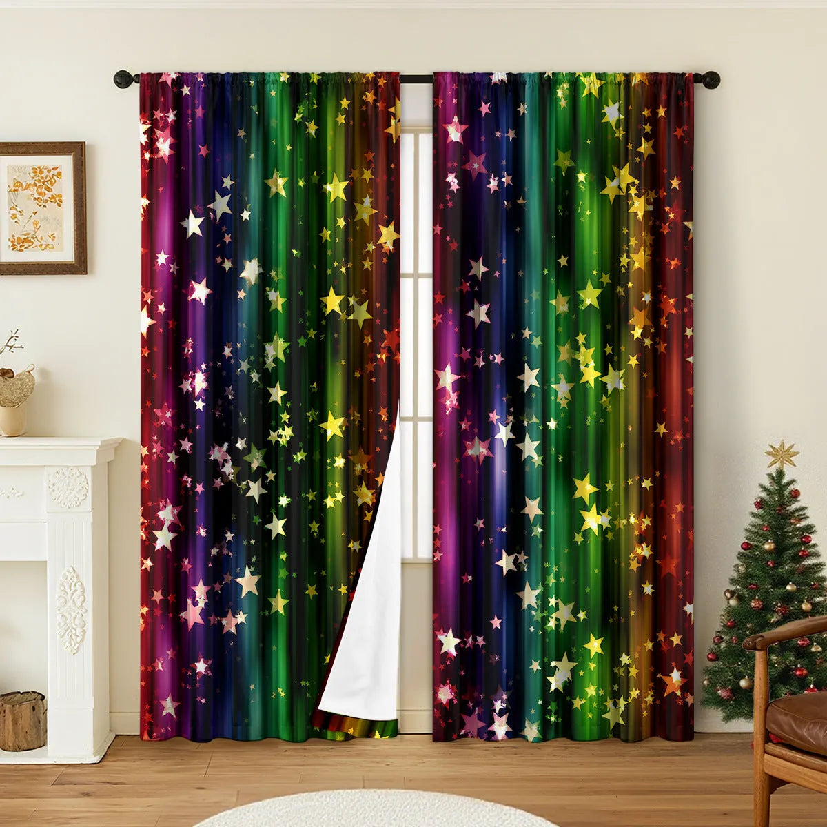 Pair of 3D digitally printed Christmas curtains in European style design on polyester fabric