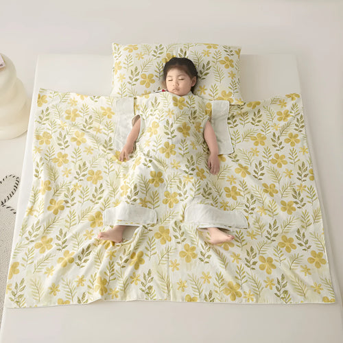 Anti-kick sleeping bag blanket in a colourful Cloud Bear Star Dream design on a bed.