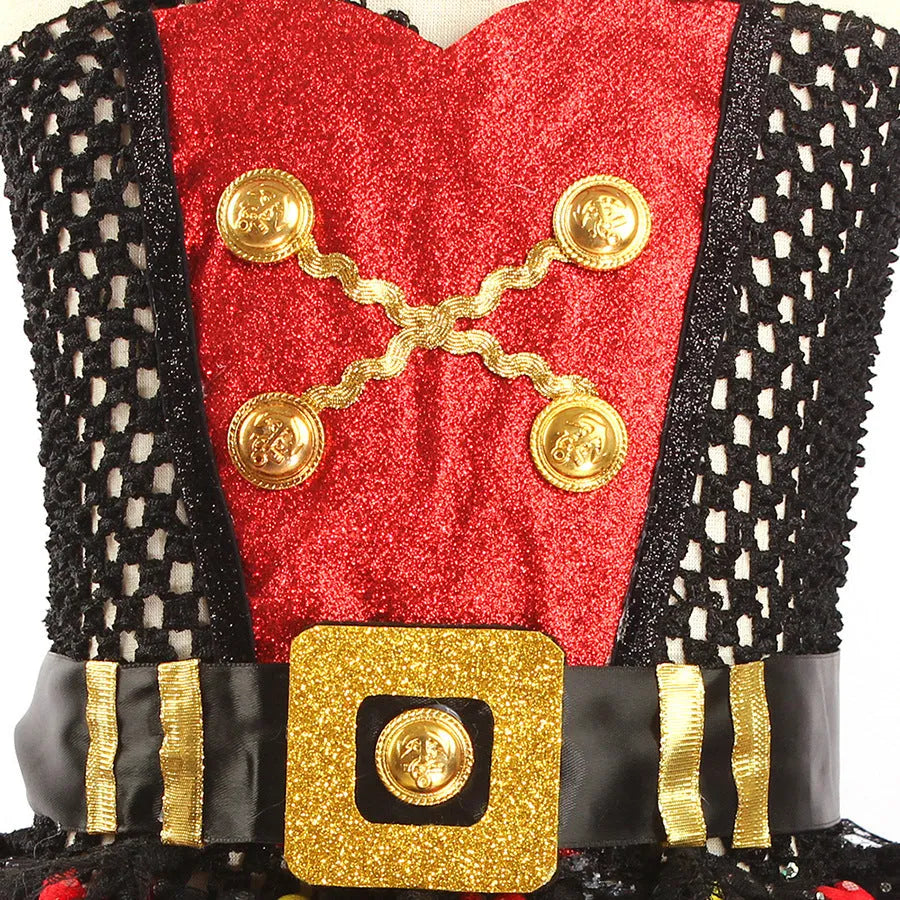 Girls sleeveless Pirates of the Caribbean Halloween costume dress with sequin and mesh detailing on a hanger.