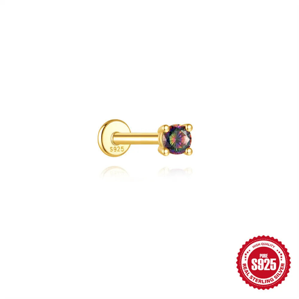 S925 sterling silver piercing earrings with rainbow stone flat head thread in gold colours
