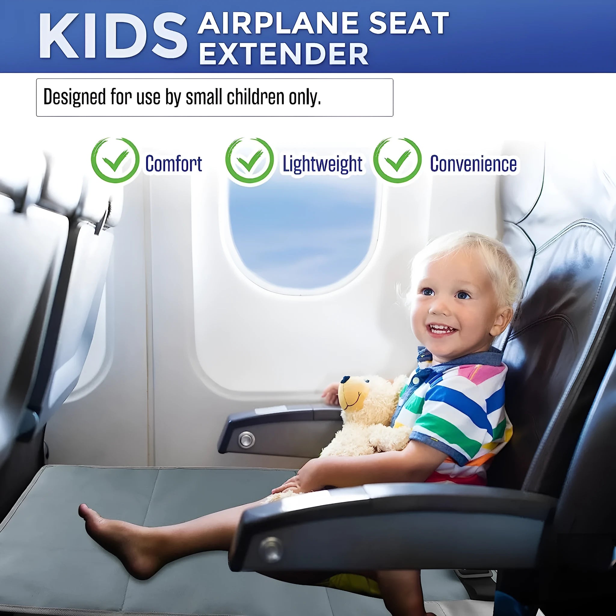 Blue portable children's aircraft seat extender with attached pedal and matching drawstring storage pocket.