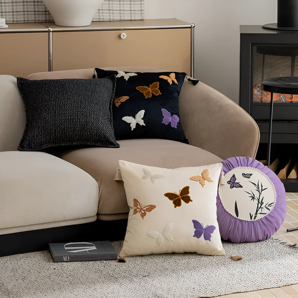 Square butterfly embroidered cushion in beige, black, or purple colour options
