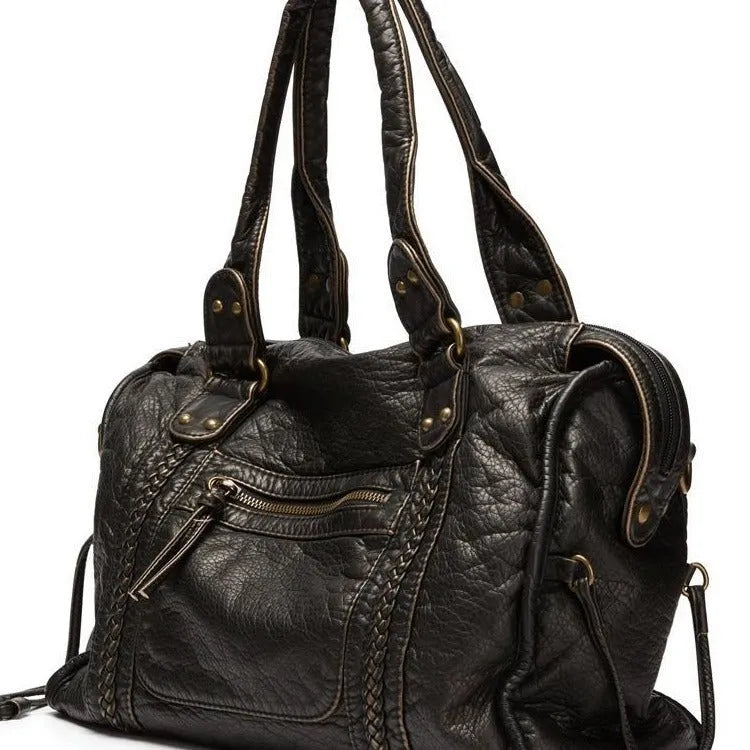 Women's brown retro motorcycle shoulder messenger bag with square shape and woven texture