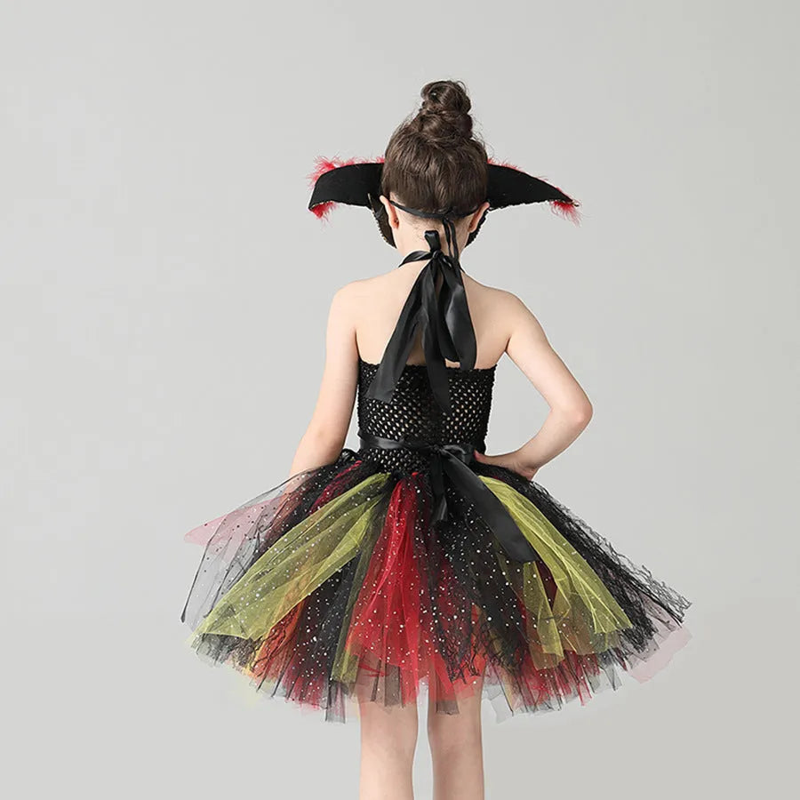 Girls sleeveless Pirates of the Caribbean Halloween costume dress with sequin and mesh detailing on a hanger.