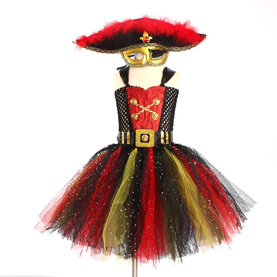 Girls sleeveless Pirates of the Caribbean Halloween costume dress with sequin and mesh detailing on a hanger.