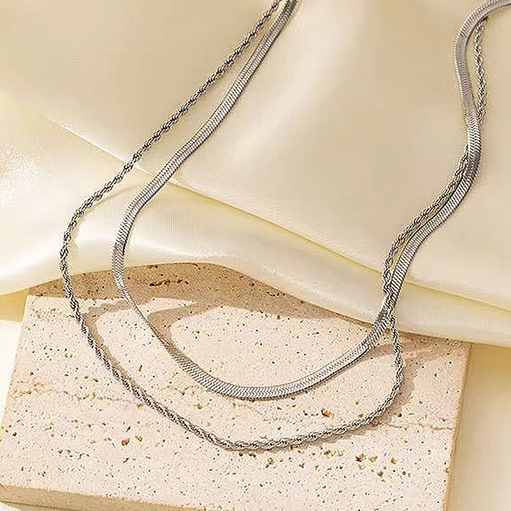 Women's titanium steel geometric necklace with double-layer pendant on adjustable snake bones chain