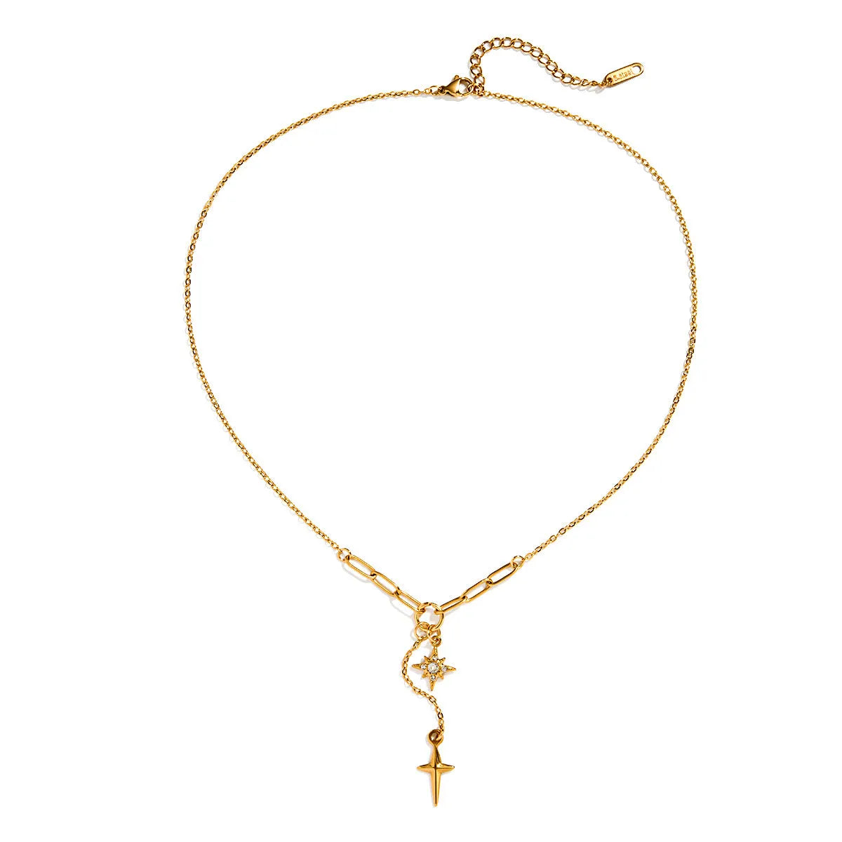 Close up of an 18K gold finish stainless steel necklace with white diamond eight-pointed stars pendant on a regular chain