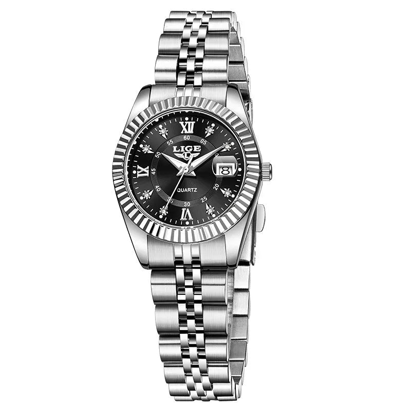Ladies waterproof quartz fashion watch with 10mm thickness in gold and silver colour options