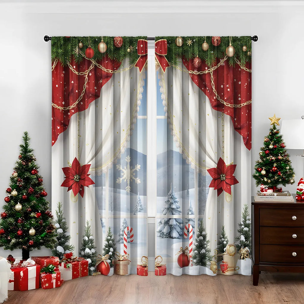 Pair of 3D digitally printed Christmas curtains in European style design on polyester fabric