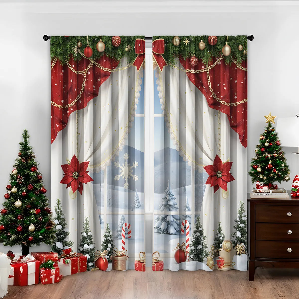 Pair of 3D digitally printed Christmas curtains in European style design on polyester fabric