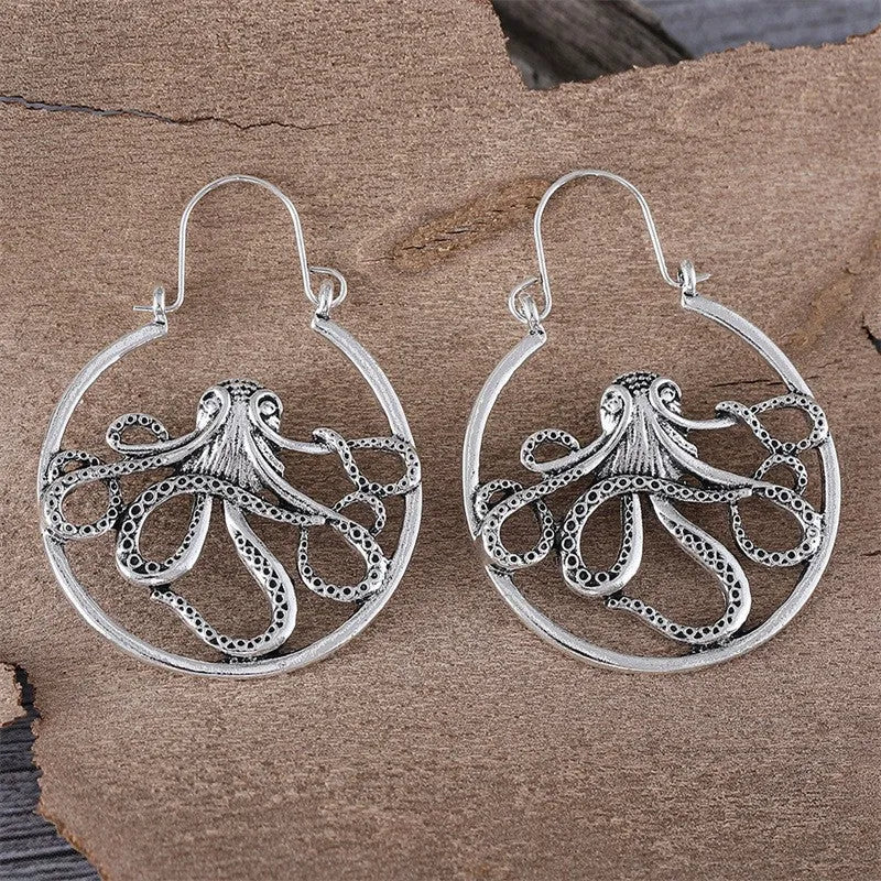 Vintage octopus earrings antique silver finish zinc alloy animal zodiac design