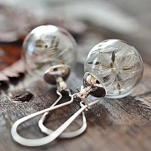 Transparent glass ball earrings with a crystal dandelion seed inside on a French hook, silver and bronze finishes shown.
