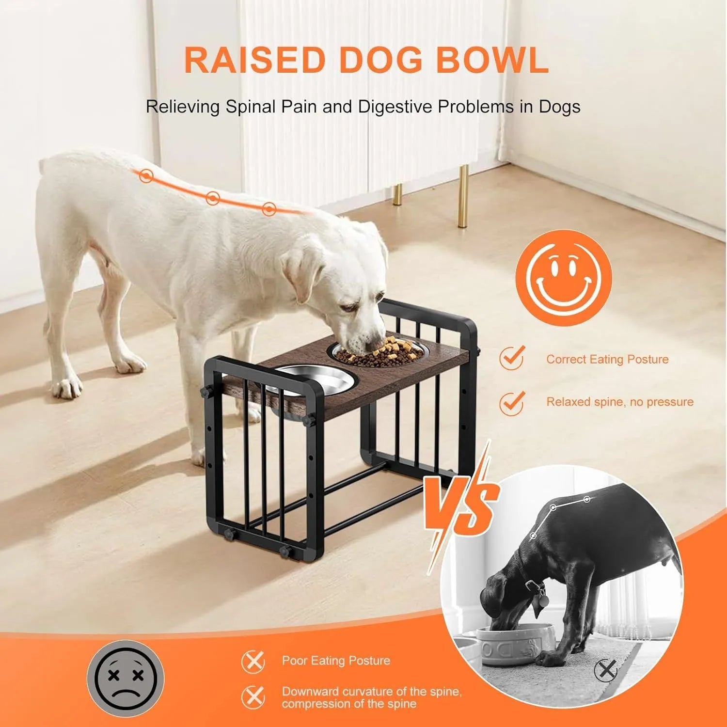Black wooden dog bowl stand measuring 37cm by 23cm with non-slip elevated design