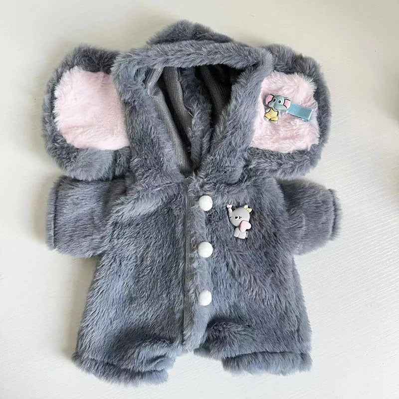 Grey elephant patterned plush jumpsuit for a 30cm teddy bear doll.