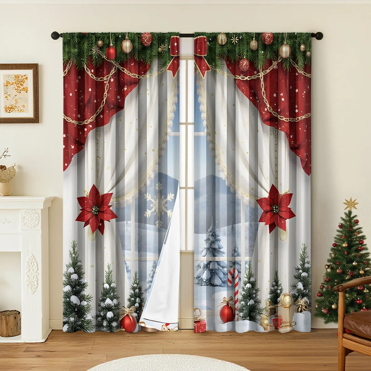 Pair of 3D digitally printed Christmas curtains in European style design on polyester fabric