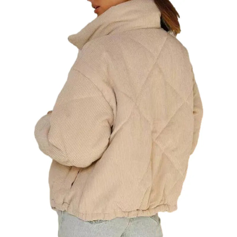 Women's apricot-coloured corduroy jacket with a stand collar, long sleeves, and a front zip.