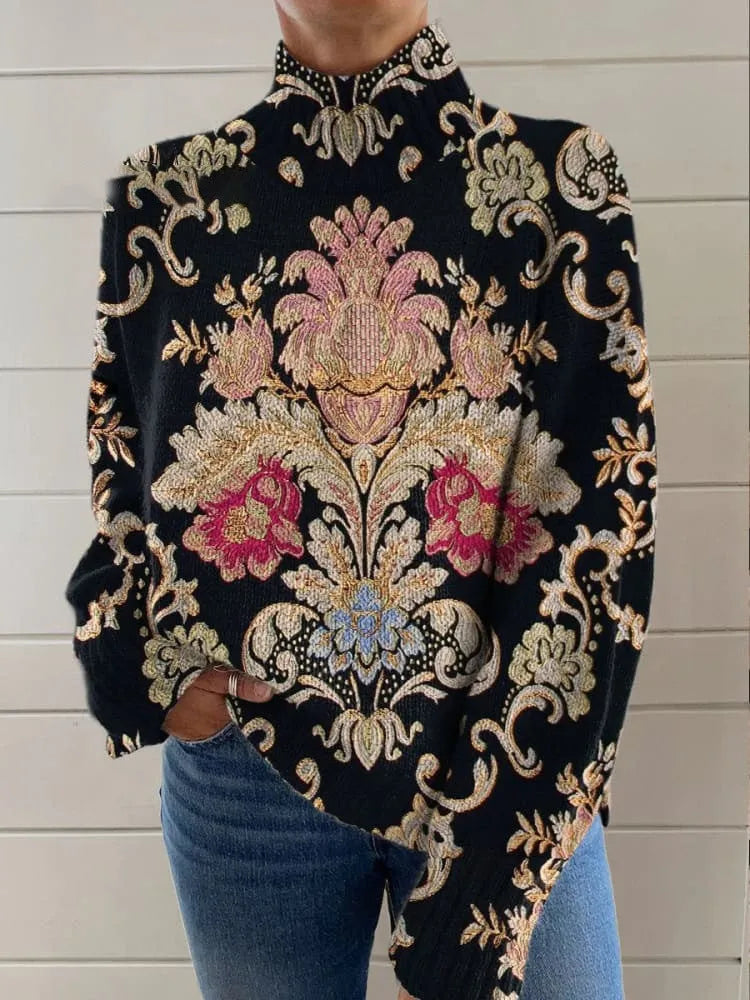 Black 3D pattern printed turtleneck sweater with loose Japanese Korean casual style
