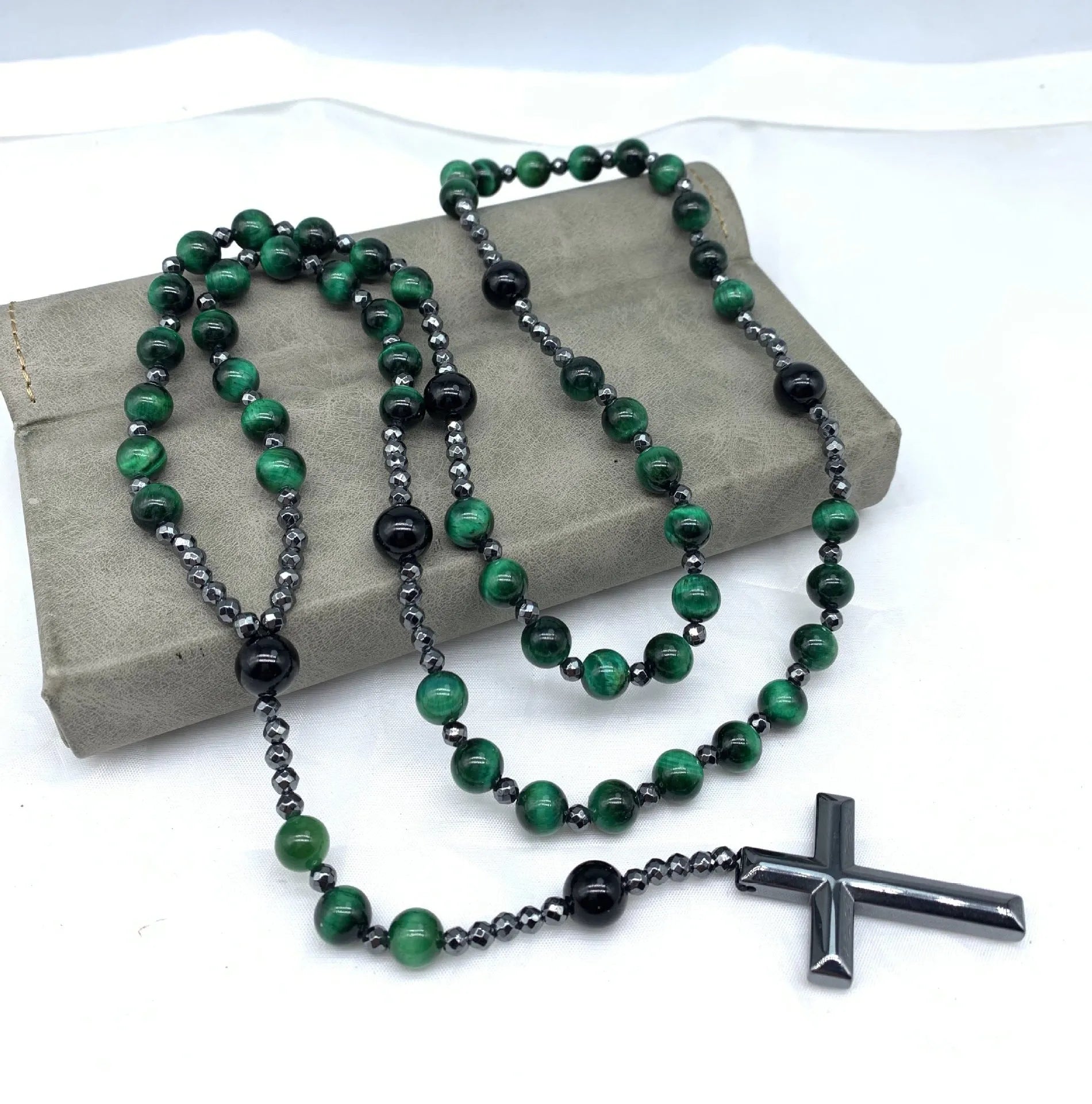 Men's stone cross pendant necklace on ball bead chain with safety lock clasp