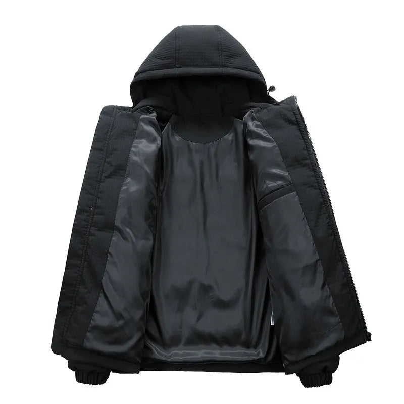 Men's black hooded padded cardigan jacket with side pockets on a neutral background.