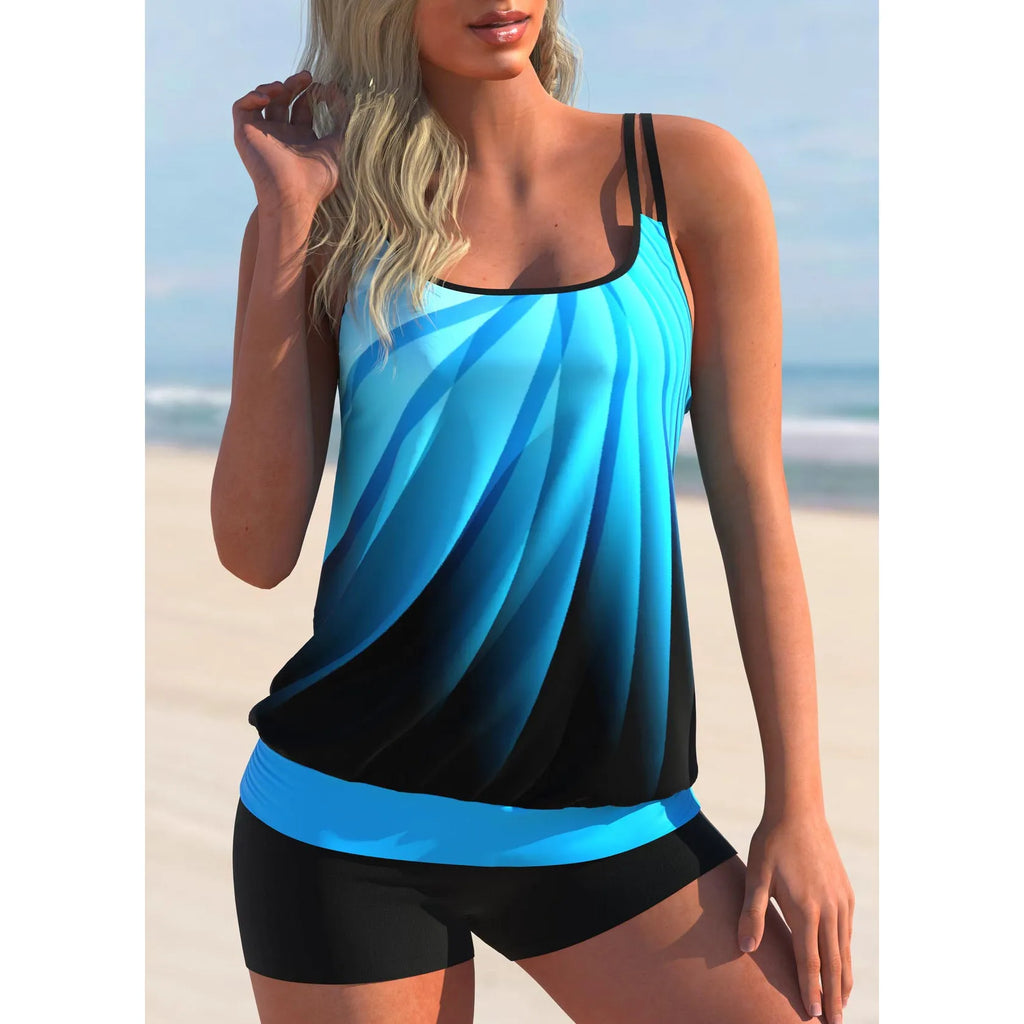 Women's plus size swimsuit set with butterfly print, featuring strapped top and matching shorts