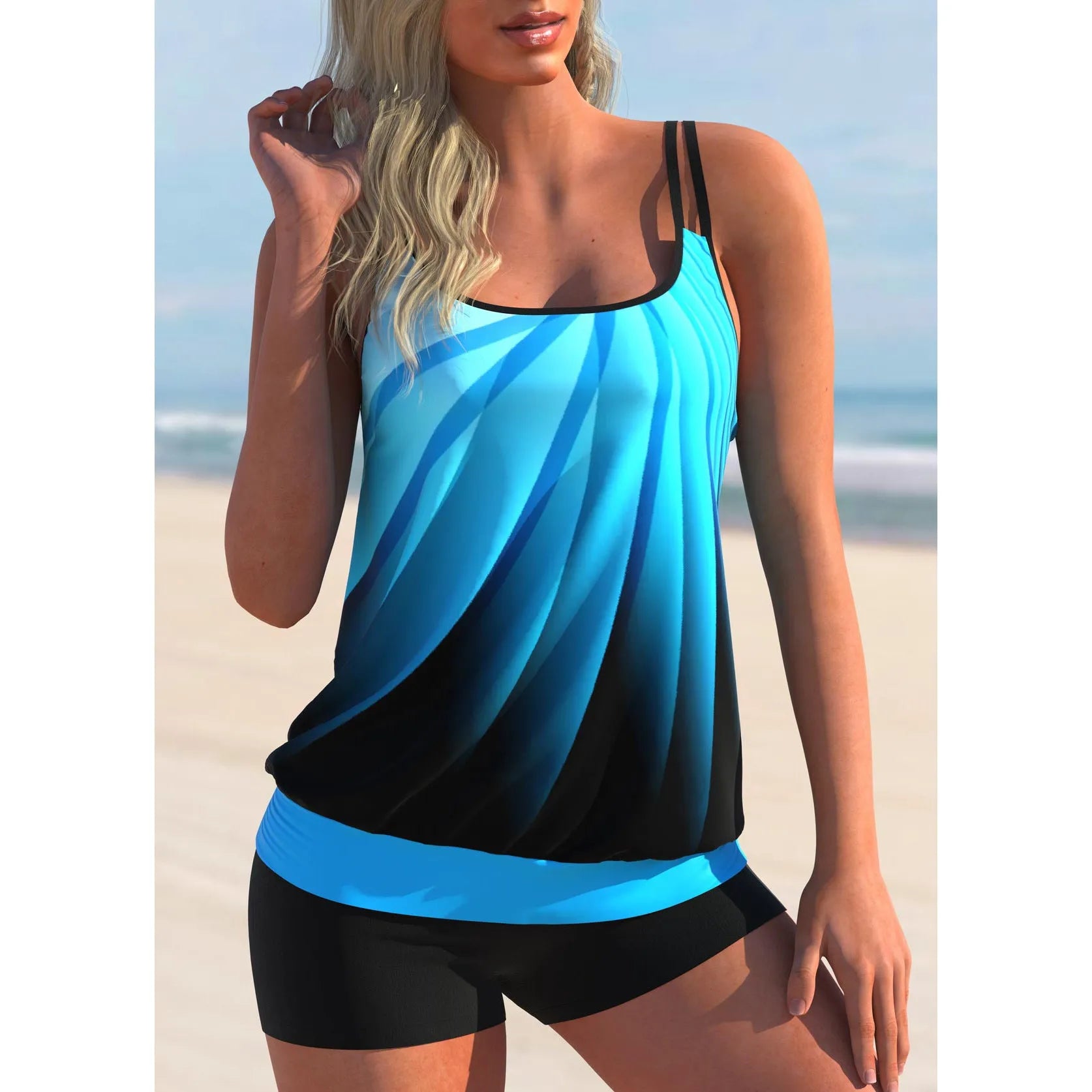 Women's plus size swimsuit set with butterfly print, featuring strapped top and matching shorts