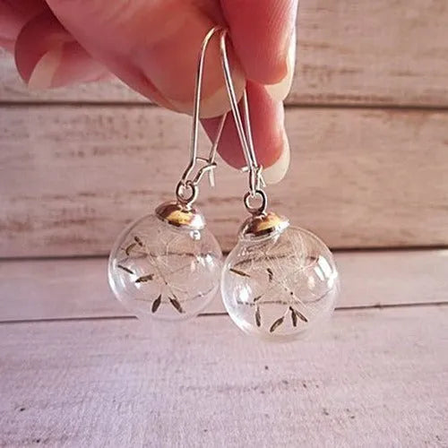 Transparent glass ball earrings with a crystal dandelion seed inside on a French hook, silver and bronze finishes shown.