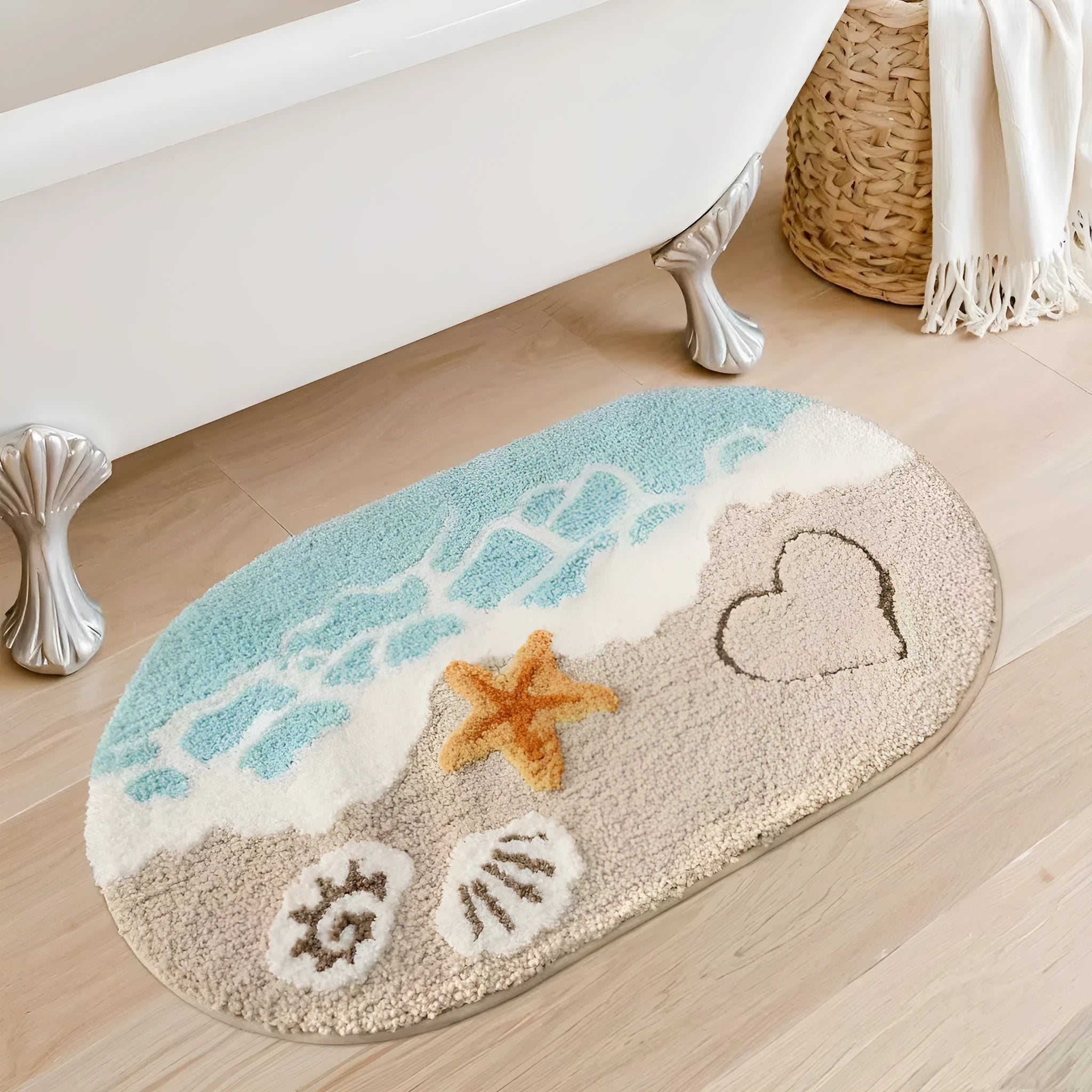 Square polyester fibre floor mat with rainbow pattern, plastic dirt-resistant bottom, in Sky Sea colours