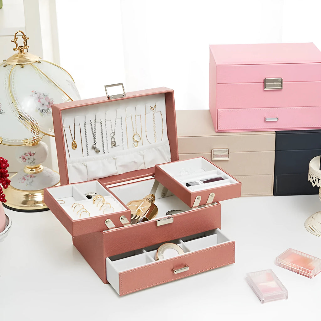 Hard-sided PU leather jewellery storage box in a solid colour.