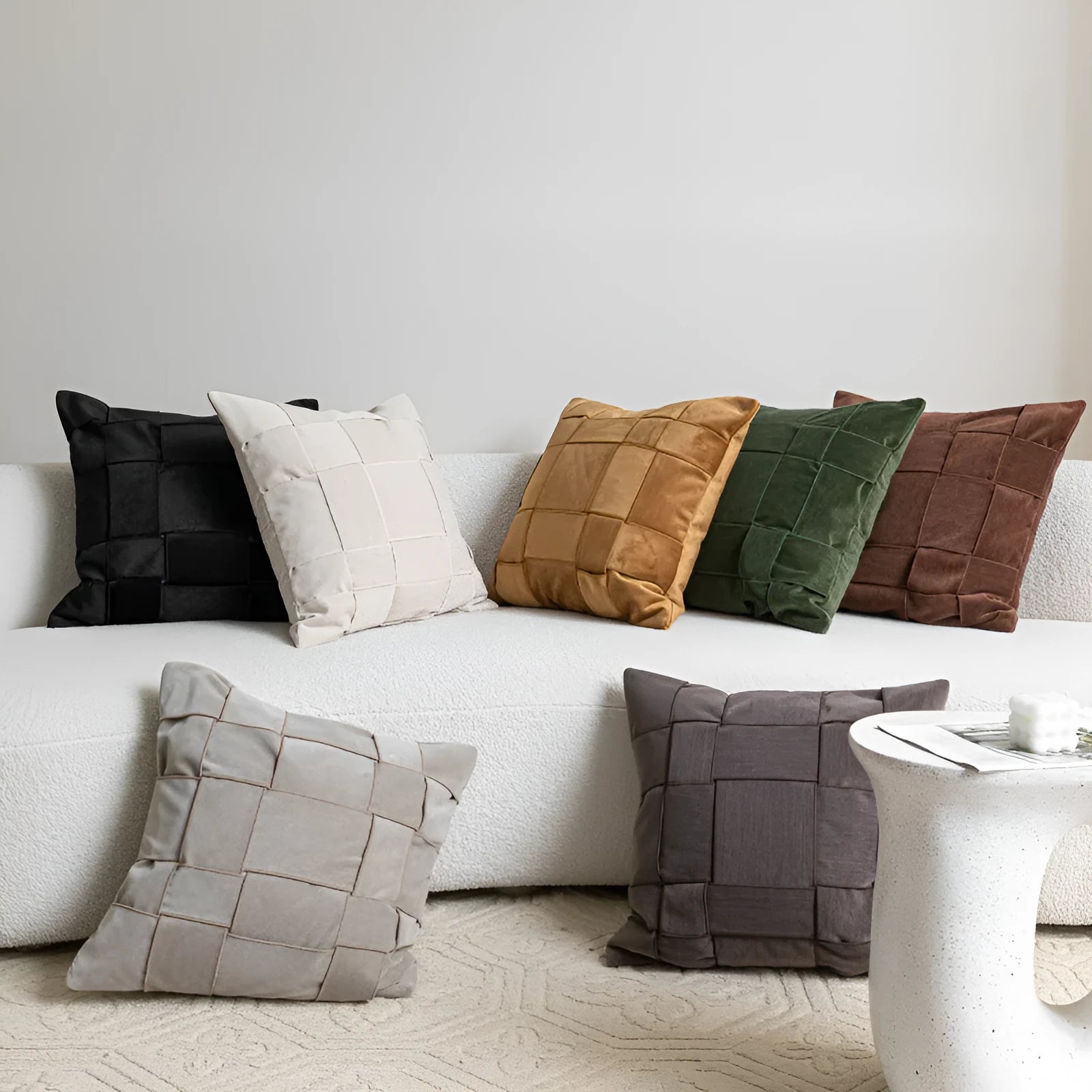 Chenille woven square cushion in beige, black, orange, or other colours, 50x50cm with feather velvet filler