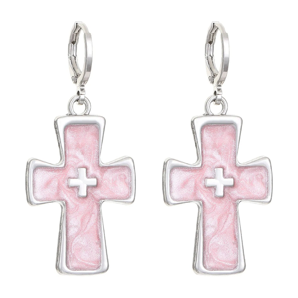 Women's alloy cross crystal earrings in white, bright black, and antique silver colours with geometric animal designs