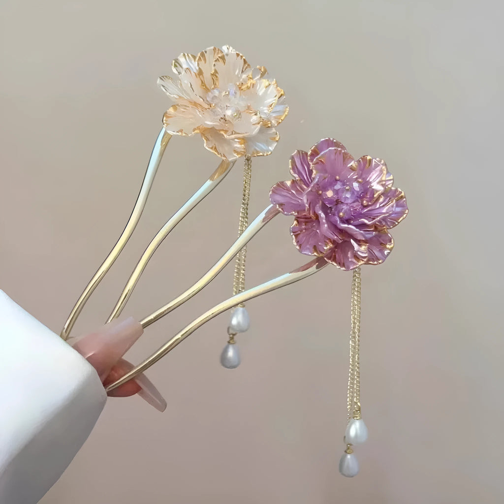Purple and white peony flower tassel U-shaped hairpin with alloy construction