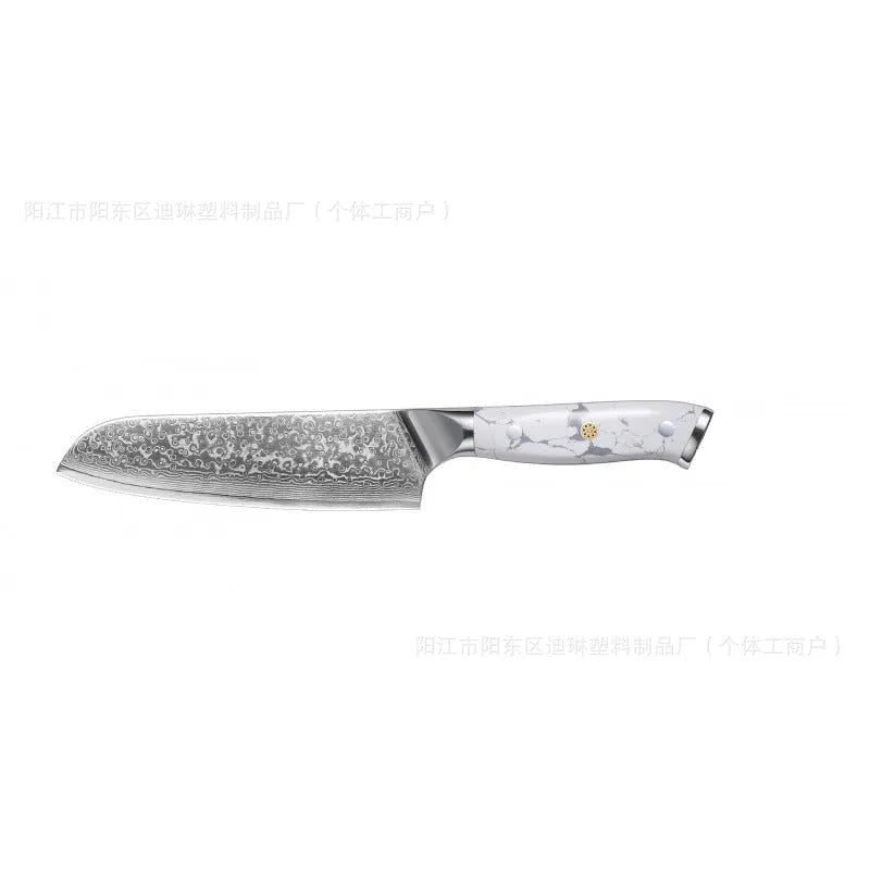 Damascus style combined chef's knife with VG10 steel blade, 21cm blade length on a wooden surface.