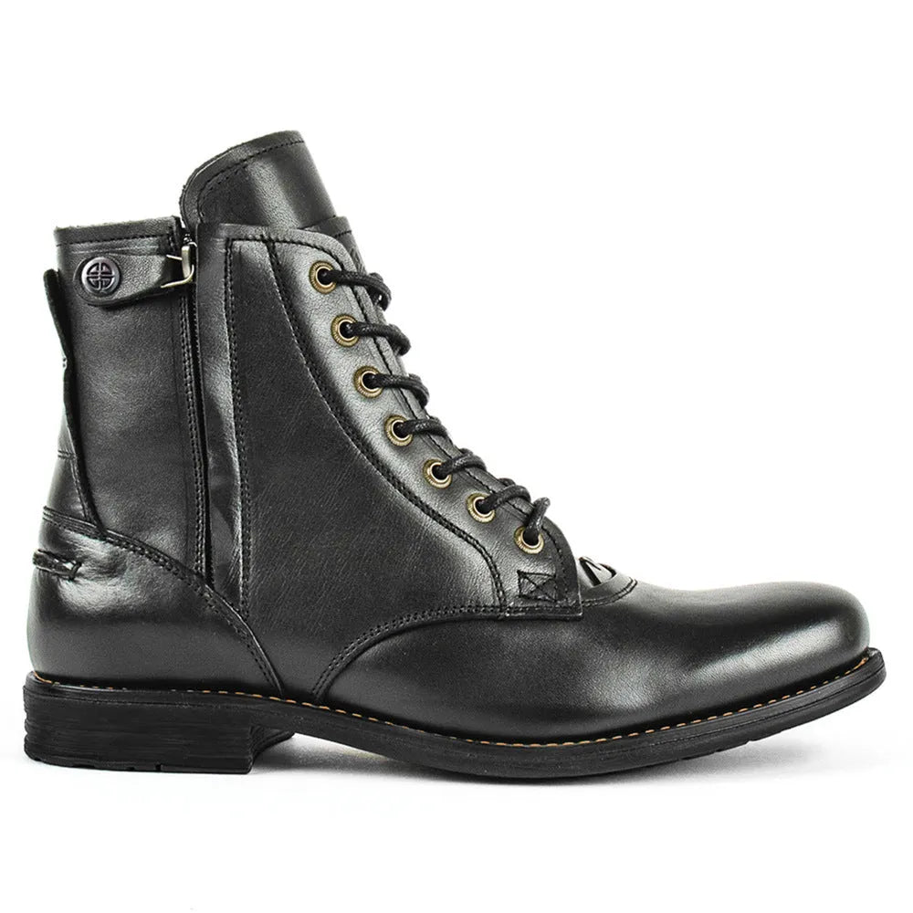 Knight Series men's black leather boot with side zipper and low heel