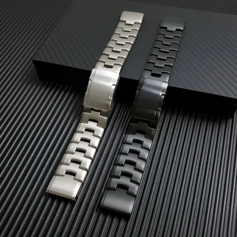 Garmin Fenix metal watch strap replacement in silver, black, and titanium colours showing 22mm and 26mm width options