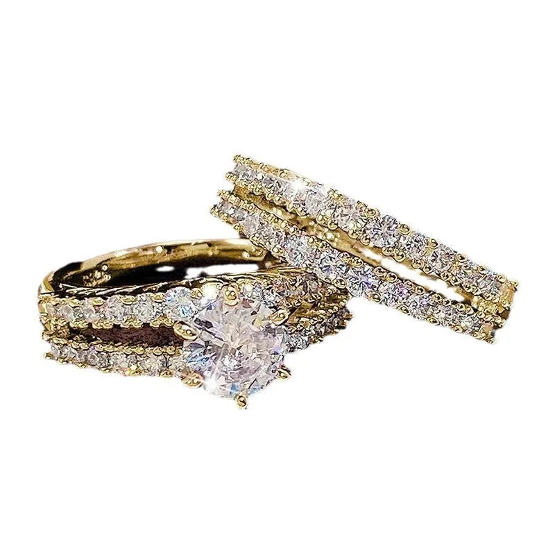Women's 2-in-1 fully jewelled ring set in geometric design with round elements, shown in gold, rose gold, and silver finishes