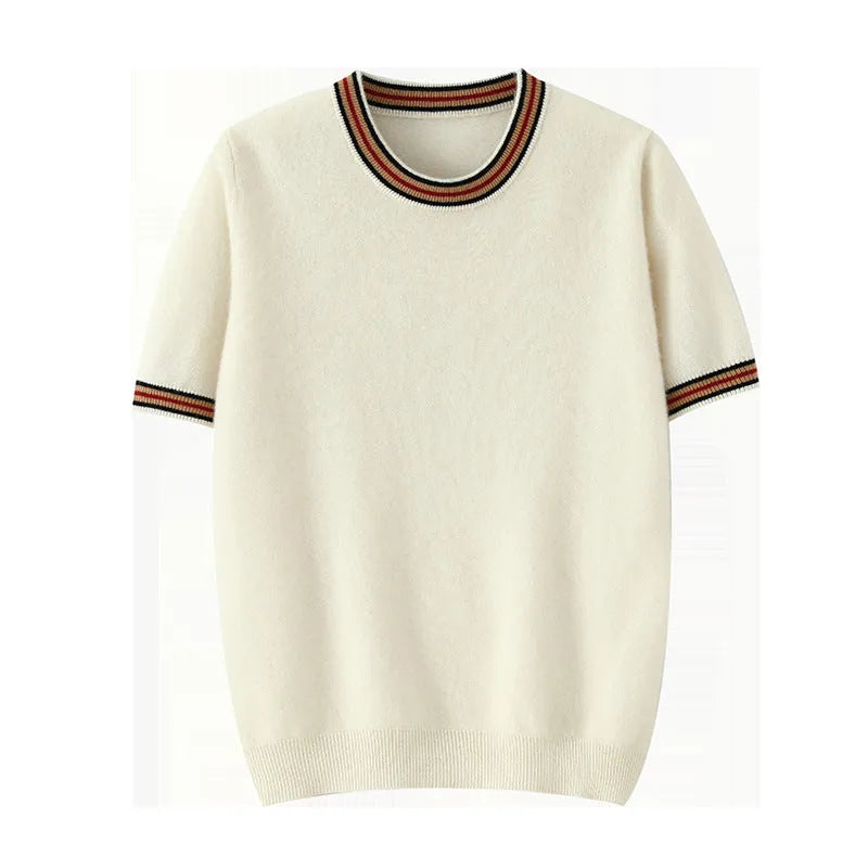 Men's short sleeve pure wool sweater in round neck pullover style shown in grey