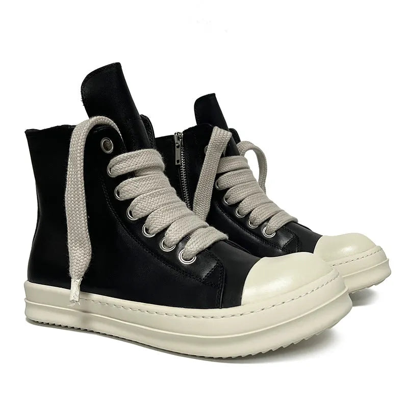Black high-top leather boots with side zip and platform sole for men and women