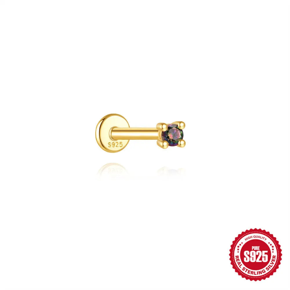 S925 sterling silver piercing earrings with rainbow stone flat head thread in gold colours